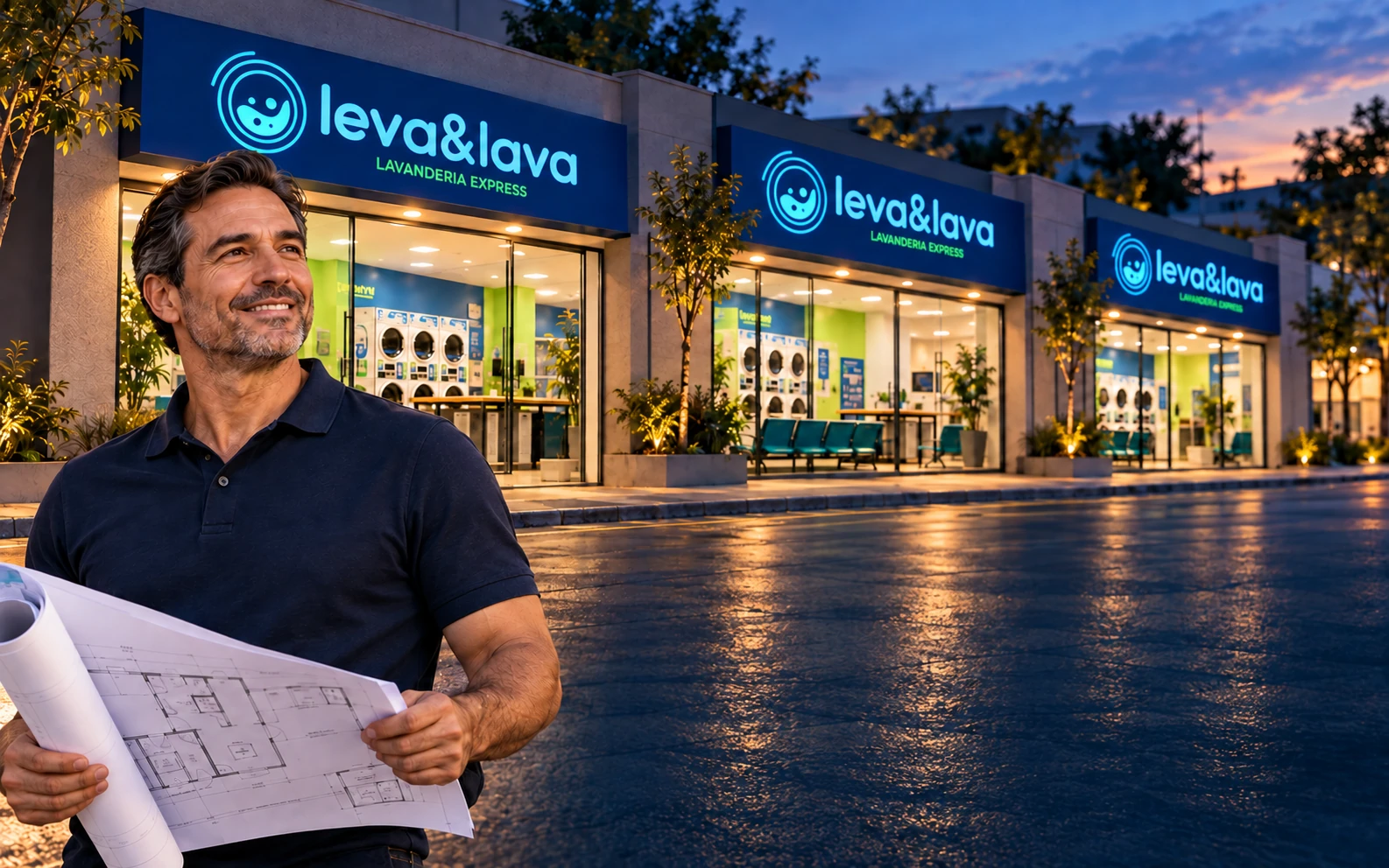 Composição ilustrativa de um empreendedor com o projeto de uma unidade Leva & Lava